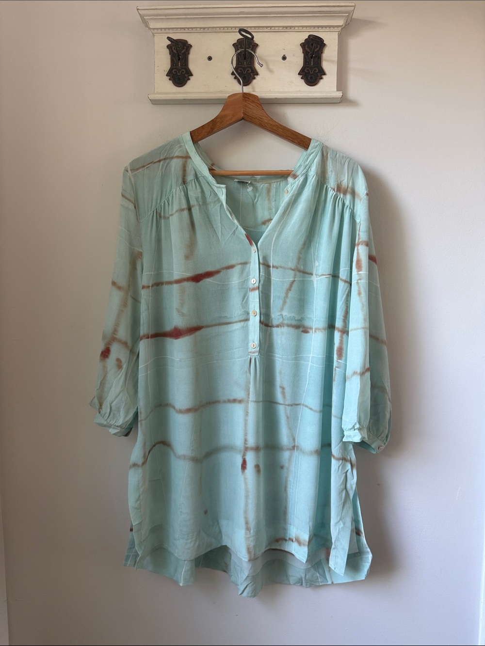 Poetry Silk Tunic Mint Teal Tie-Dye Henley Women’s Blouse Travel Boho Oversized